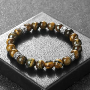 8mm Natural Tiger Eye Stone Bracelets Silver Color Spacer Elastic Rope Wristband for Men Women Charm Energy Healing Jewelry Gift
