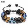 Triple Protection Bracelet Natural Tiger Eye Evil Eye and Black Obsidian Stone Bracelet 8mm Healing Bracelet Bring Good Luck
