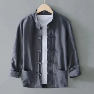 Men's Long Sleeve Frog Button Loose Blouse, Oversized Tops, Cotton Linen Shier, Collarless, Plus Size, M-5XL, Autumn, Spring